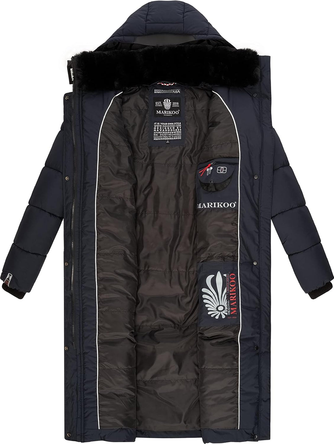 MARIKOO Damen Wintermantel Warmer Steppmantel lang mit Abnehmbarer Kapuze Reliziaa XS-3XL M Navy, M