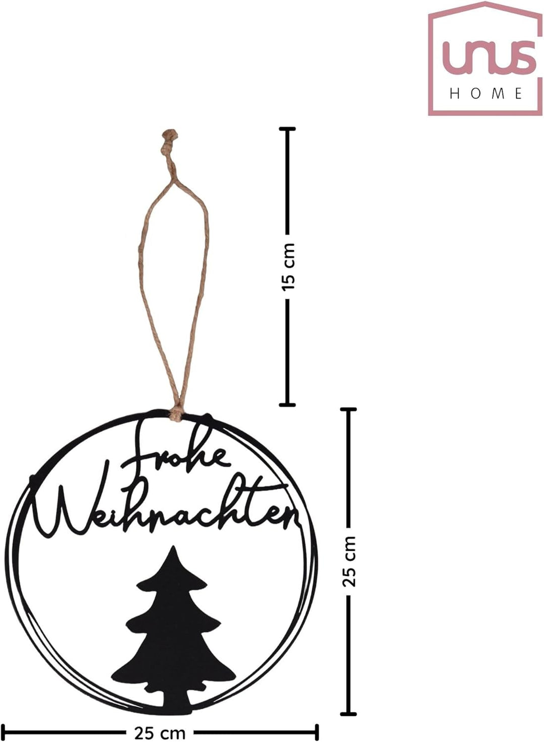 UNUS Aufhänger Frohe Weihnachten rund Ø 25 cm Metall Wanddeko mit Tannenbaum stilvolle Weihnachtsdek