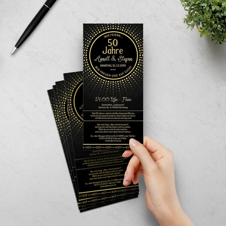 10 x Hochzeitseinladungen individuelle Einladungskarten Goldhochzeit - Schwarz/Gold VIP