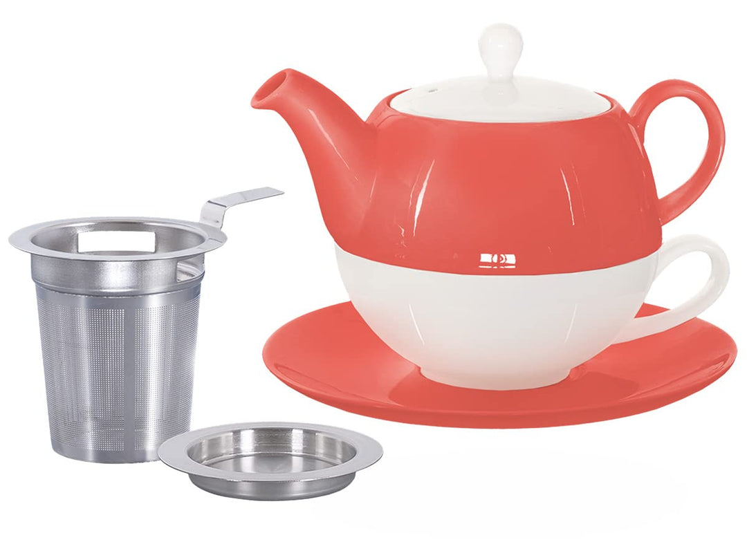 Tea for One mit Sieb Lena 500ml aus Crystal Bone China Porzellan in coralrot. Teekanne + Teetasse +