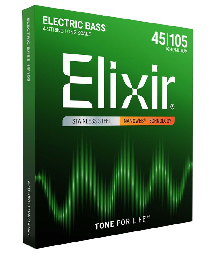 Elixir 14677 Saiten Stainless-Steel 4-str. E-Basssaiten mit NANOWEB Beschichtung, Long Scale, Light/