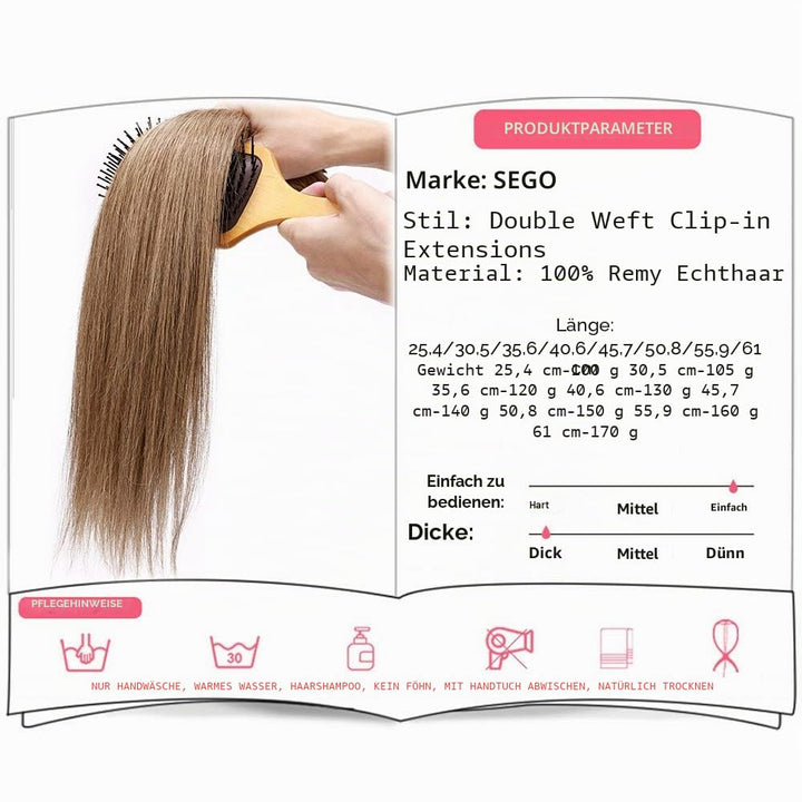 SEGO Clip in Extensions Echthaar Doppelt Tressen Haarverlängerung 8 Teilig 100% Remy Hair für Komple