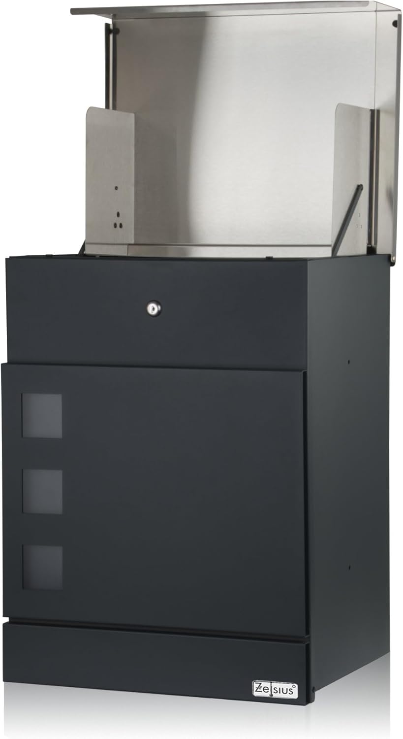 Zelsius Briefkasten Jordan mit Paketfach | pulverbeschichteter Stahl mit Edelstahl Elementen | RAL70