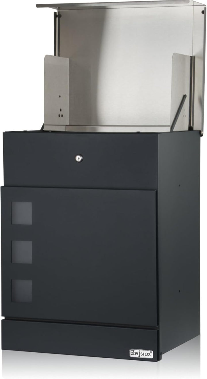 Zelsius Briefkasten Jordan mit Paketfach | pulverbeschichteter Stahl mit Edelstahl Elementen | RAL70