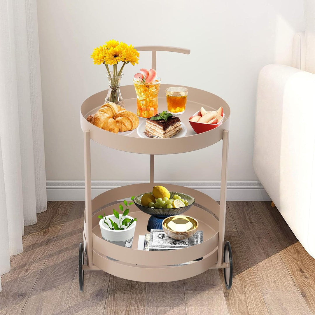 2-Stöckig Rund Servierwagen mit 2 Räder, Ladekapazität Jeder Stufe 10kg, 40x40x61m, Teewagen für Mei