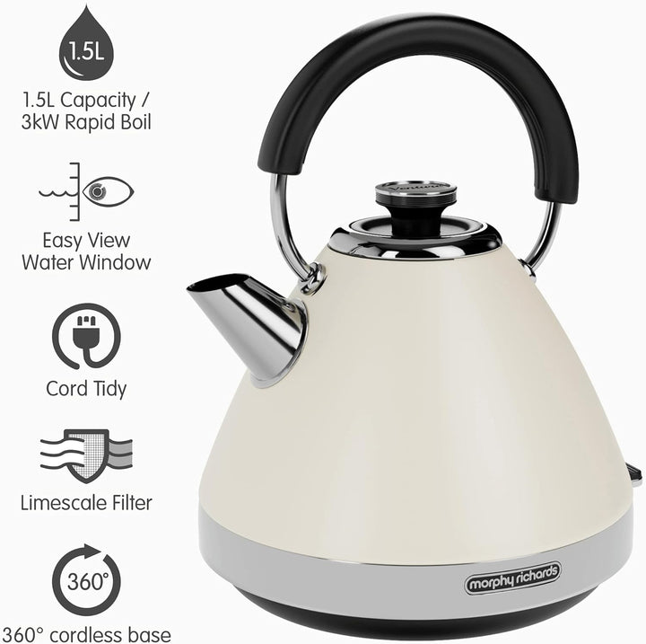 Morphy Richards Venture 100132 Wasserkocher, Pyramidenform, 1,5 l, 3 kW, Rapid Boil Cremefarben VENT