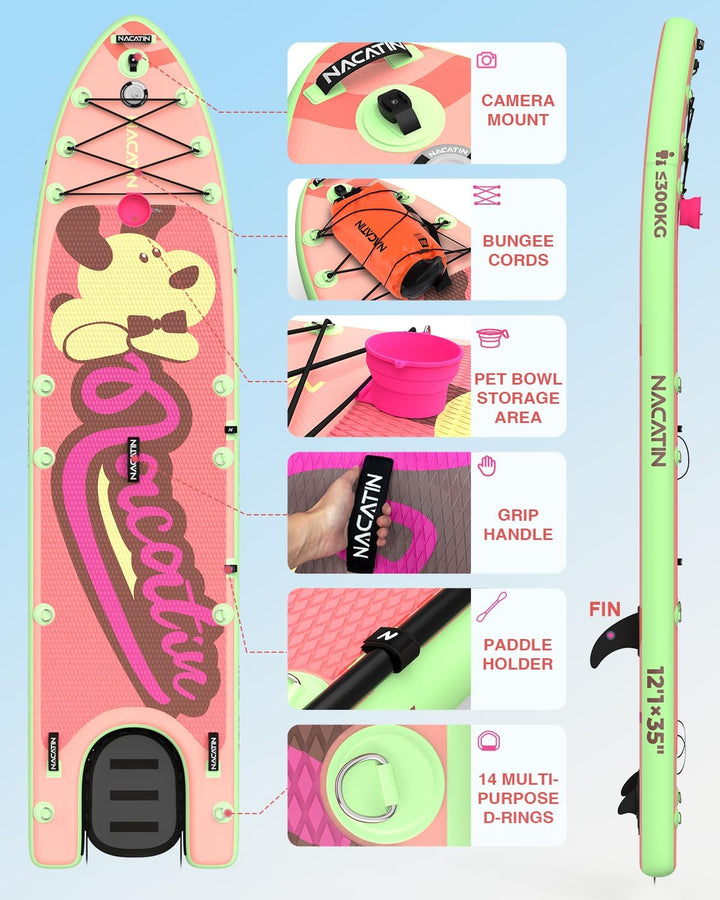 NACATIN 12'/366cm aufblasbares SUP Board mit Hunderampe, breites 36"/91cm Stand Up Paddling Board mi