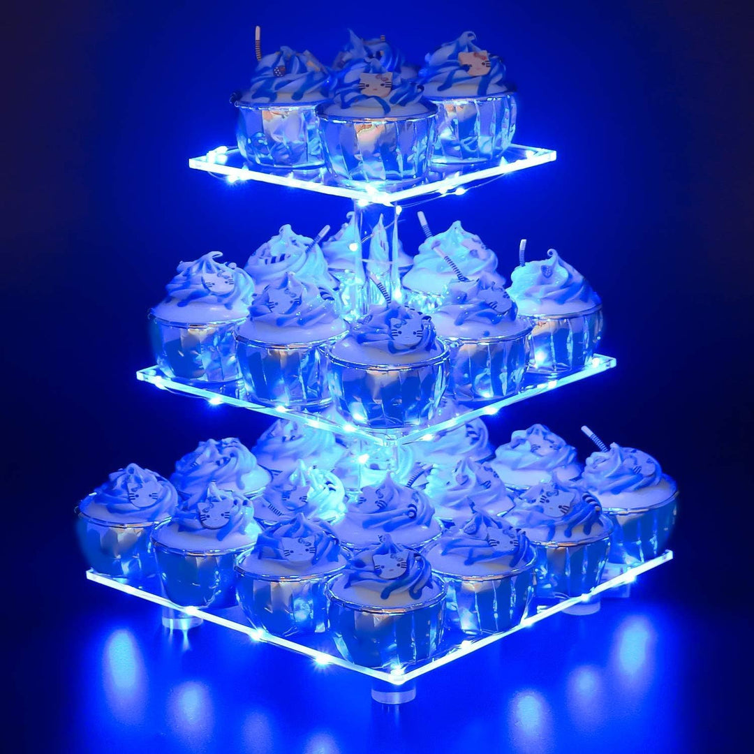 3 Etagen Cupcake Ständer, Blau LED Lichterkette de Tortenständer Acryl für Hochzeit, Party, Geburtst