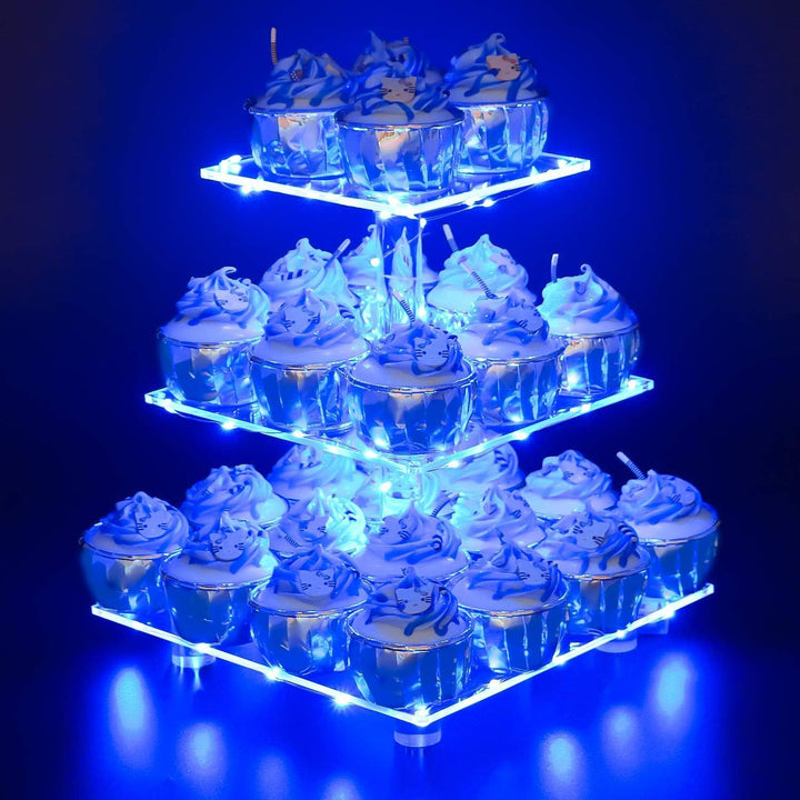 3 Etagen Cupcake Ständer, Blau LED Lichterkette de Tortenständer Acryl für Hochzeit, Party, Geburtst