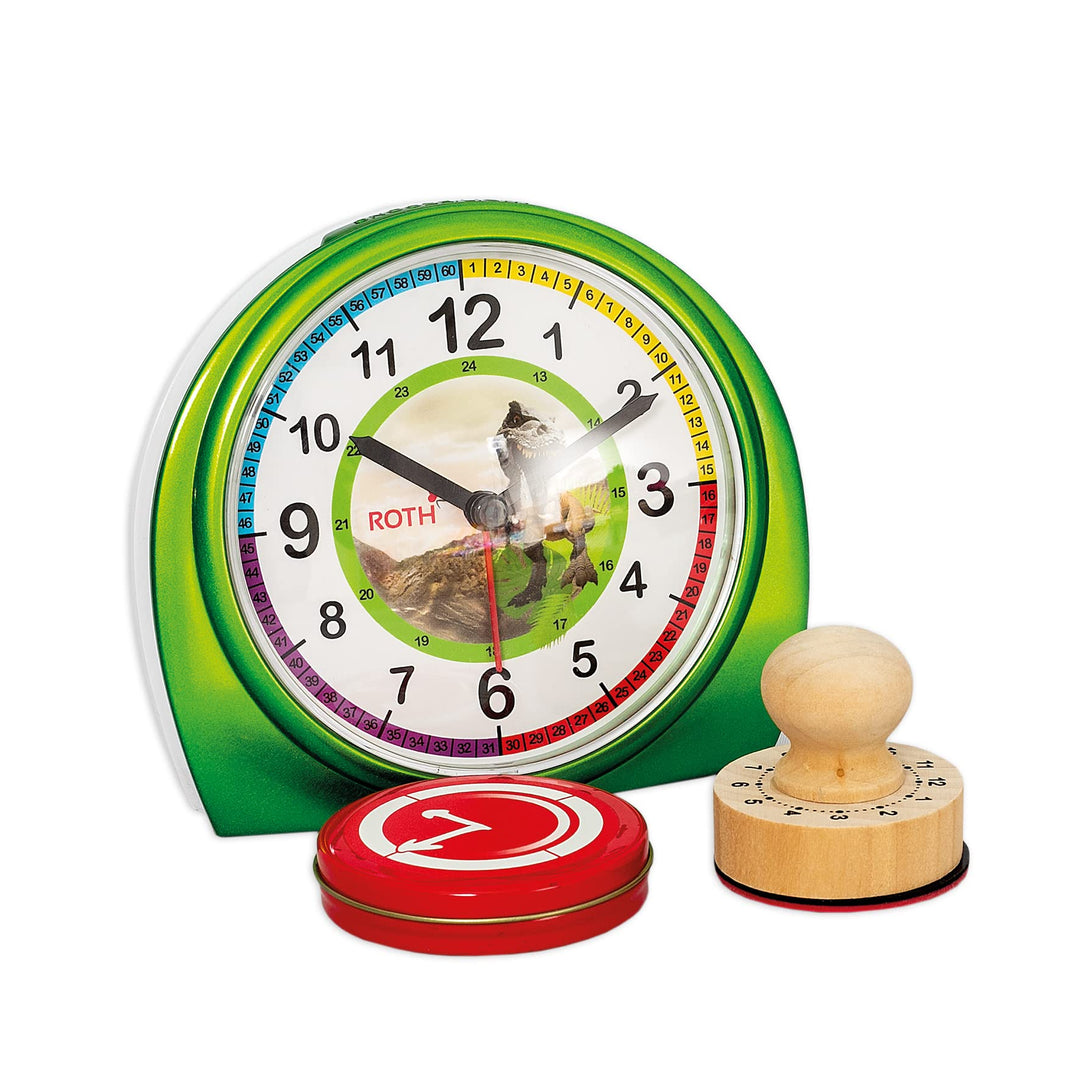 ROTH Lernuhr mit Stempelset Tyrannosaurus, Geschenkset aus Kinder-Wecker und Stempel mit Farbkissen