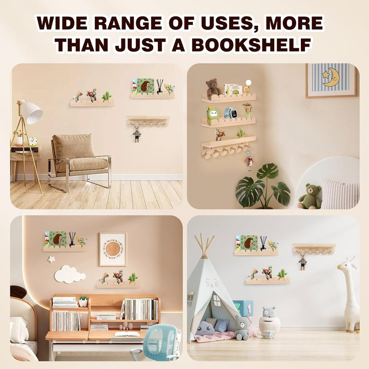 3er Set Bücherregal Kinder Wand, Wandregal Kinderzimmer 40cm, Holz Wandregal Bücher Schweberegale mi