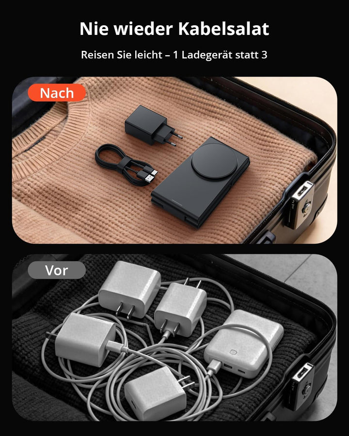 GEEKERA 3-in-1 Faltbar Ladegerät für Mag-Safe, Induktive Ladestation für Apple Watch und iPhone, Ind