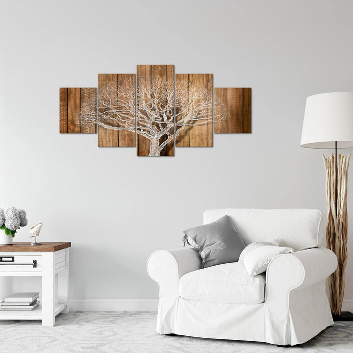 Runa Art Wandbilder Baum Abstrakt 5 Teilig Bild auf Vlies Leinwand Deko Wohnzimmer Holzmotiv Beige B