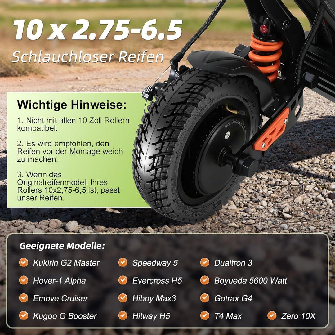 10 x 2,75-6,5 Tubeless Reifen für Kukirin G2 Master, 10 Zoll Ersatzreifen für Speedway 5 Dualtron 3,
