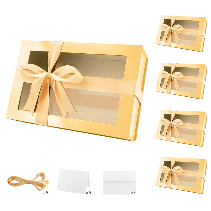 PACKQUEEN 5 grosse goldene Geschenkboxen mit Fenster, 34,9 x 22,9 x 10,4 cm, transparente Geschenkbo
