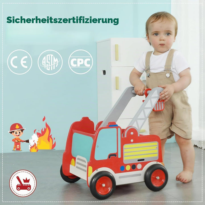 labebe Rot Feuerwehrauto Lauflernwagen Holz Baby Push Pull Lauflernhilfe Spielzeug mit Rädern für Ju