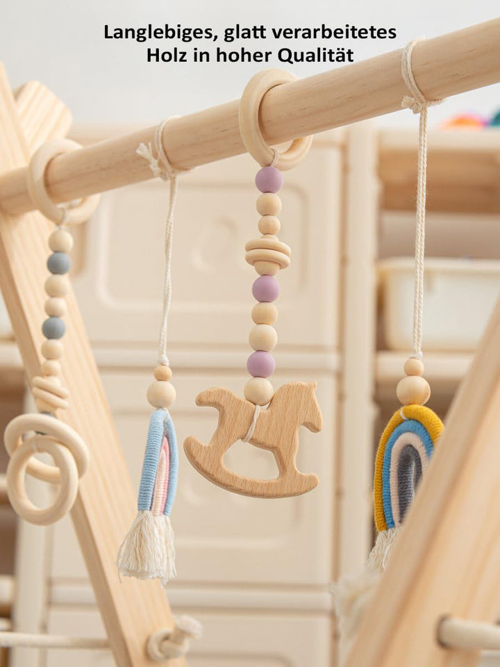 Spielbogen Baby Holz inkl. 5 Spielzeugen – Stabiler & Klappbares Spieltrapez