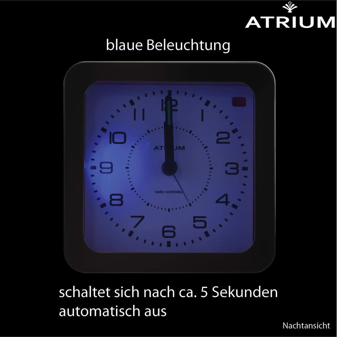 Atrium Funkwecker Analog Quarz ohne Ticken mit Licht und Snooze Leuchtzeiger schwarz A660-7