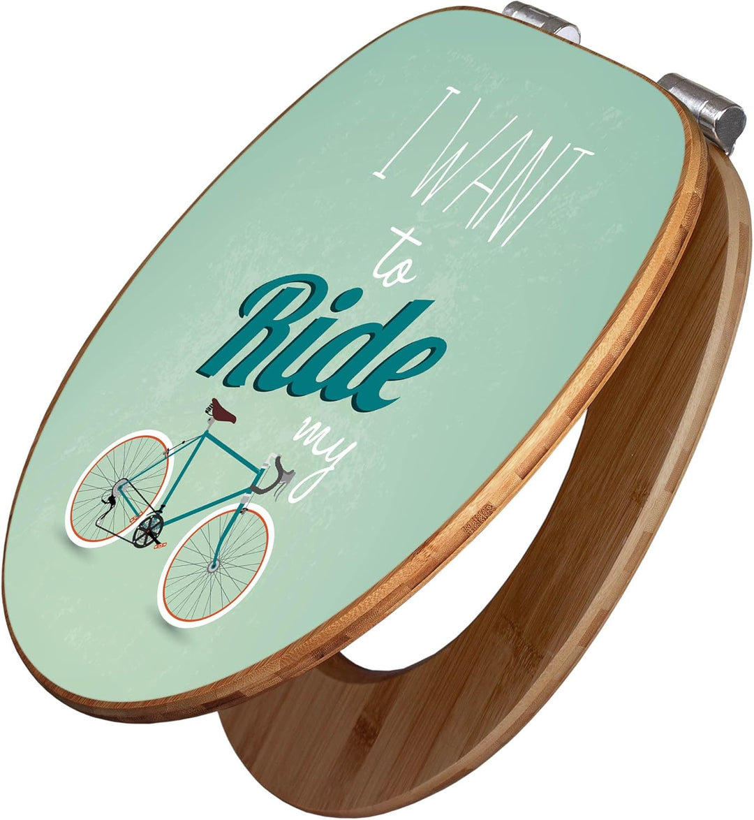 banjado® Design WC Sitz Bambus Absenkautomatik mit Motiv Ride my bike/Toilettendeckel mit Absenkauto