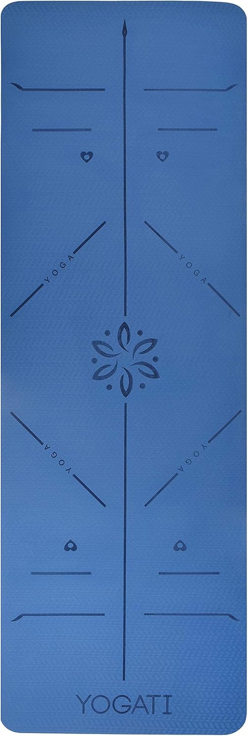 YOGATI Yogamatte rutschfest Schadstofffrei, mit Tragegurt. Yoga Matte mit Ausrichtungslinien. Ideal