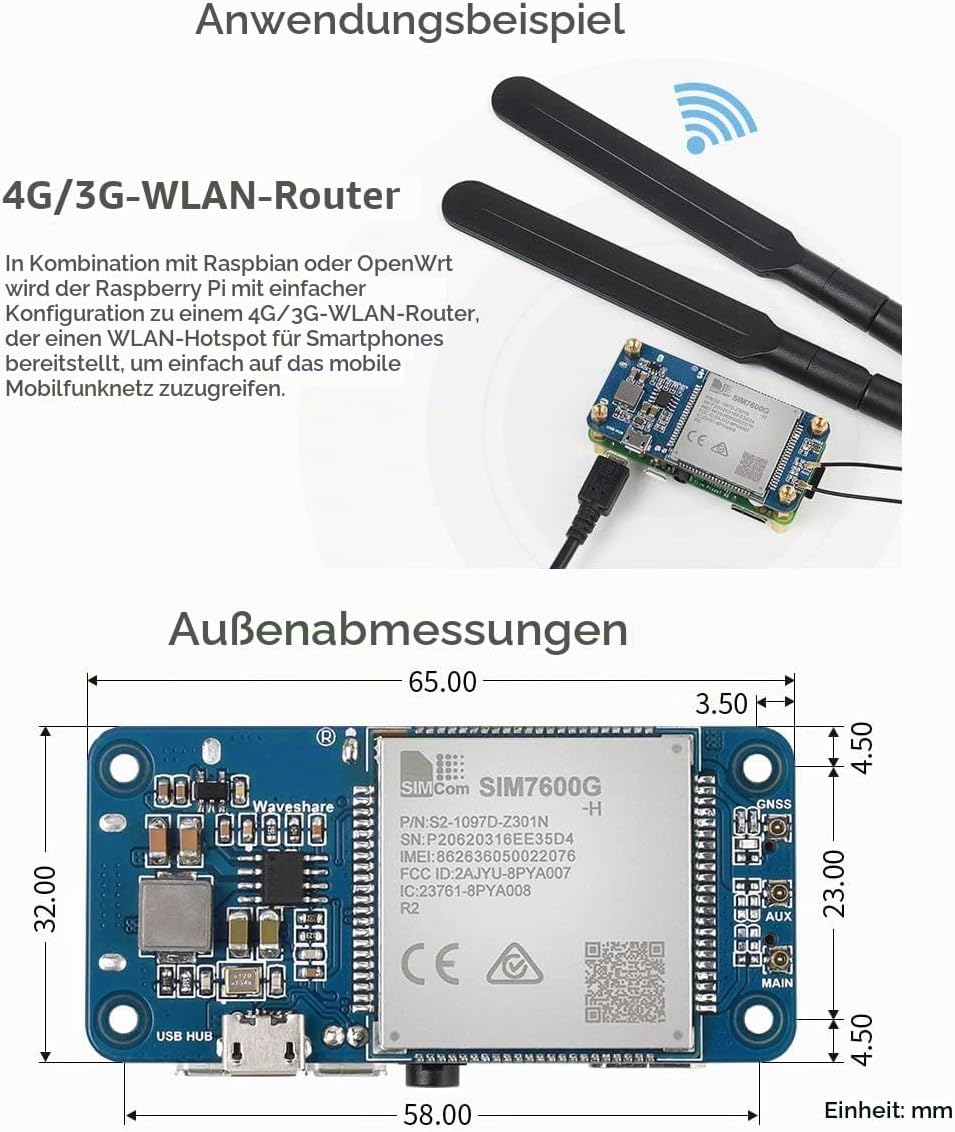 Waveshare SIM7600G-H 4G HAT (B) for Raspberry Pi Supports LTE Cat-4 4G/3G/2G GNSS Positioning Global