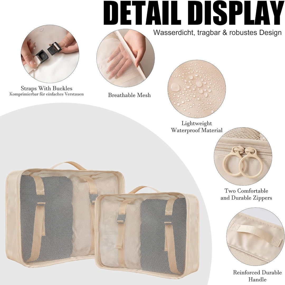 Packing Cubes 8er Set Koffer Organizer Packwürfel Set wasserdicht Beige, Beige