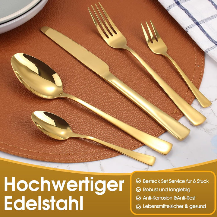 Goldenes Besteck Set 6 Personen, 30 teilig Besteck Set Glänzendes Goldenes aus Edelstahl mit Messern