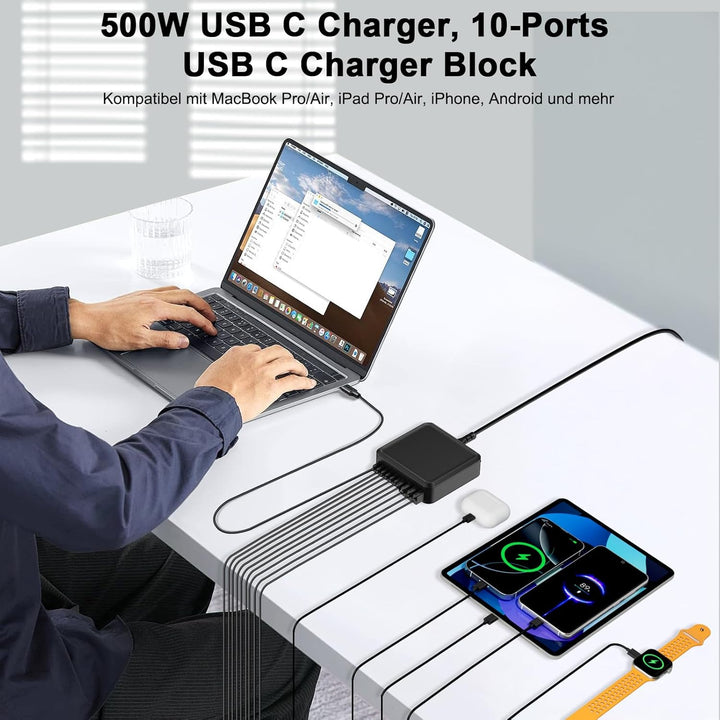 500W USB C Ladegerät Mehrfach, GaN V 10 Ports USB Ladegerät Mehrfach, 500W 10-Port Schnellladegerät