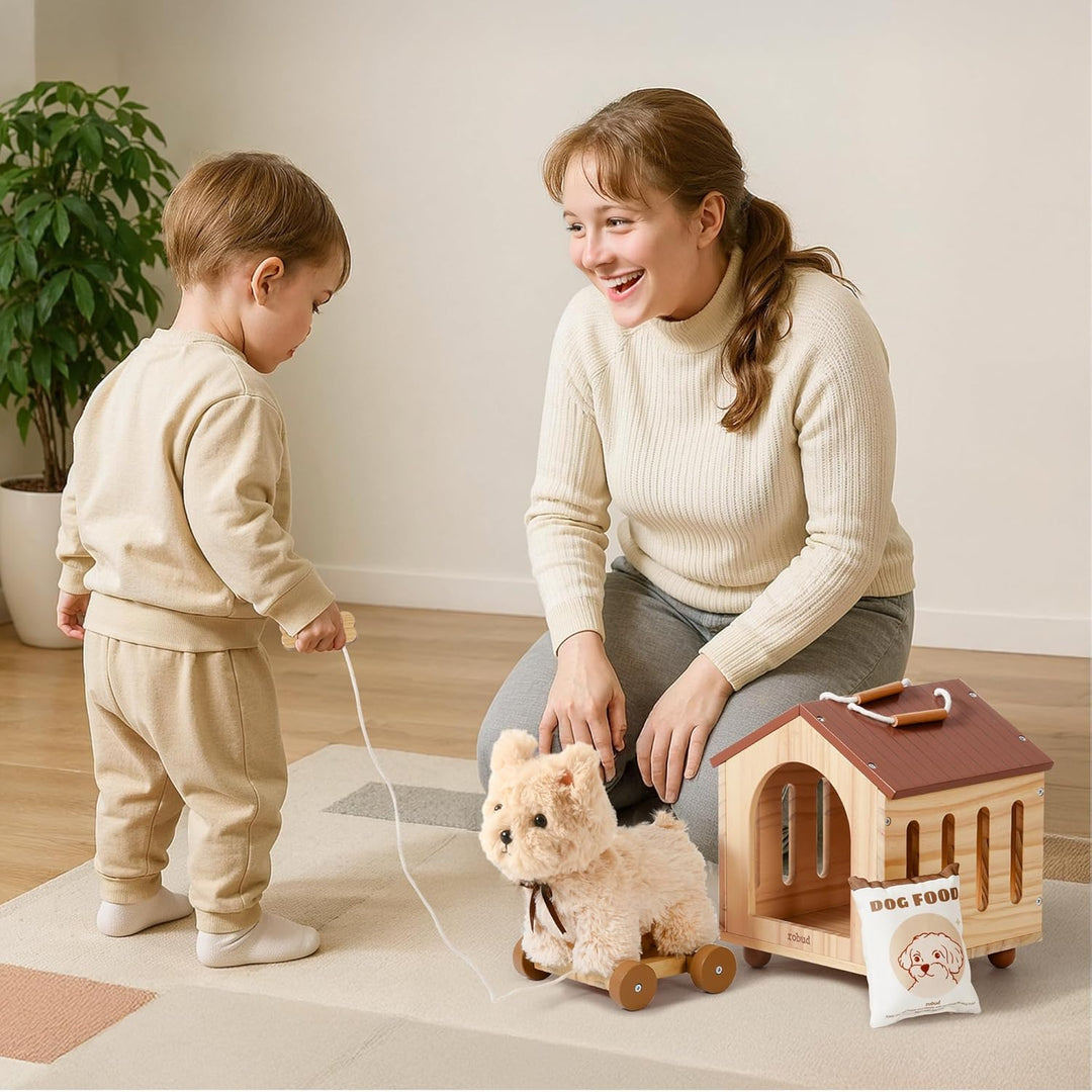ROBUD Hund Spielzeug Kinder, 2-in-1 Nachziehtiere Spielzeug & Tierpflege Rollenspielset mit Holz Hun