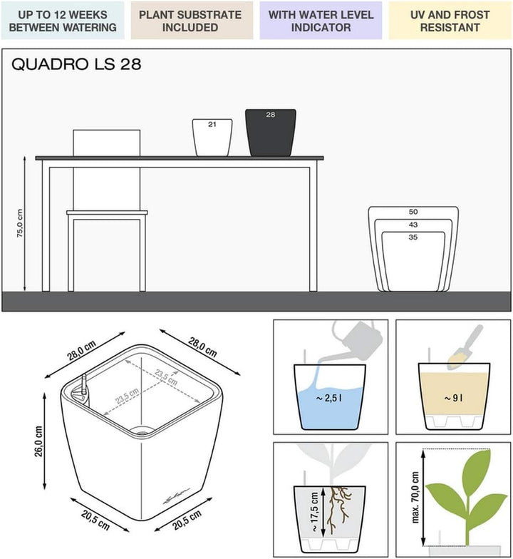 LECHUZA QUADRO Premium LS 28 anthrazit metallic 16143 28x28x26 cm Anthrazit Metallic, 28x28x26 cm An