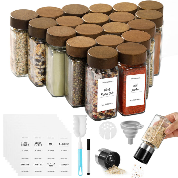 FRIBERG Gewürzgläser Eckig Set 20er,Gewürzstreuer Glas mit Holzdeckel 120ml,mit 2 gewürzmühle zur La
