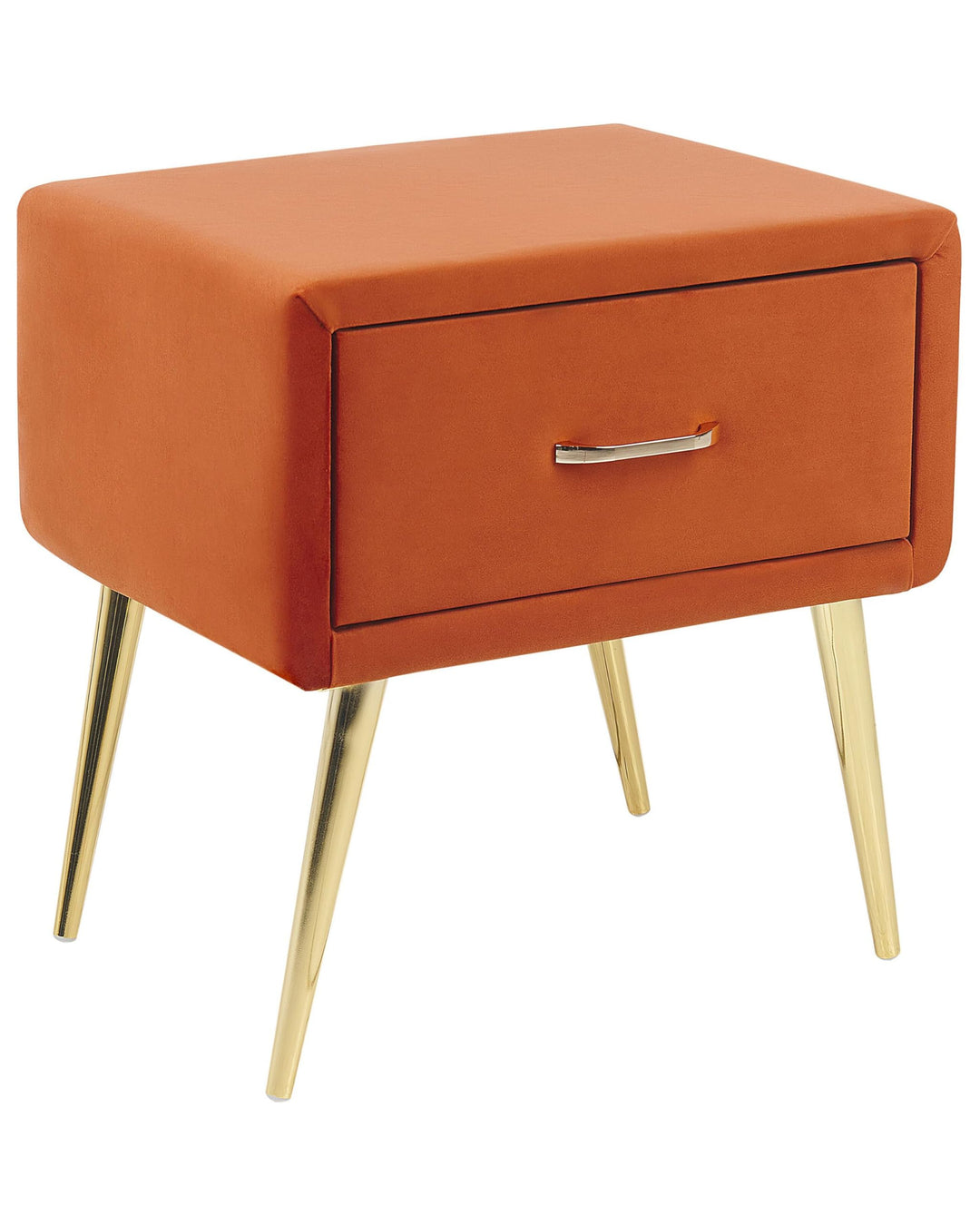Nachttisch Samtstoff orange mit Schublade Metallgestell gold Modern Glam Flayat