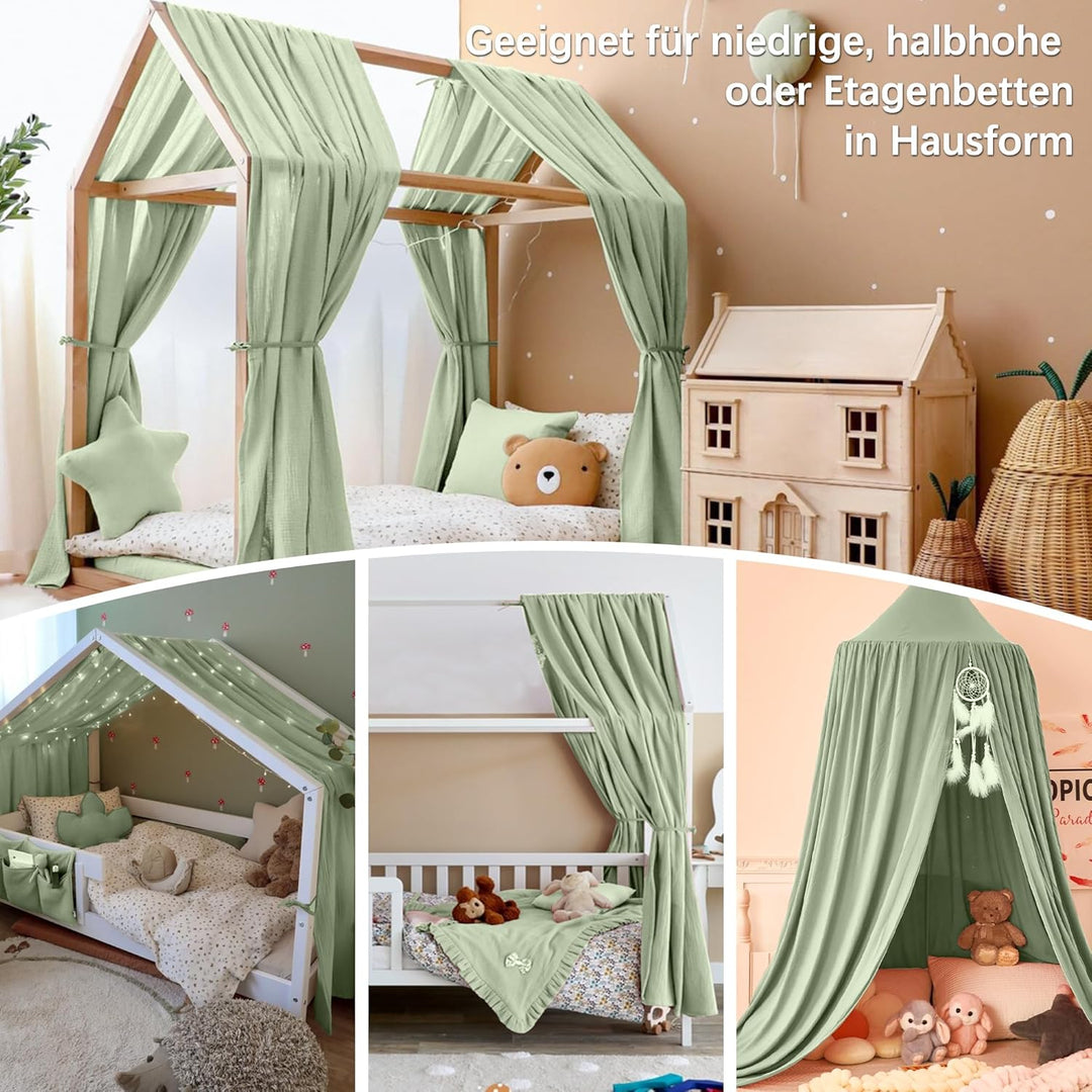 Hausbett Himmel Deko Set, Betthimmel Hausbett aus Musselin - 2 Betthimmel & 1 Wimpelkette, für Junge