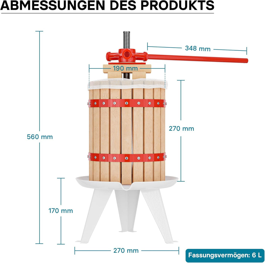 Wiltec 6L Obstpresse incl. Presstuch Maischepresse Weinpresse Apfelpresse Fruchtpresse