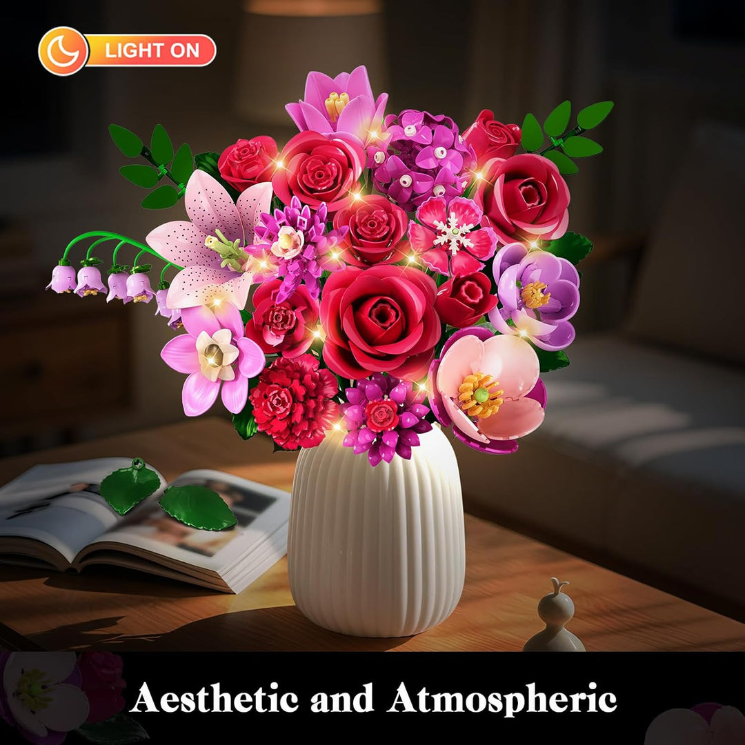 CUBIMANA Blumen Blumenstrauss Set mit LED für Erwachsene Frauen Mädchen 12+ Rosarot, Rosarot