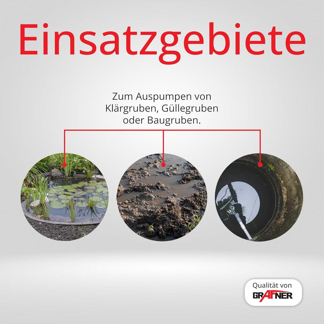 Grafner Profi Fäkalienpumpe 1500 Watt mit Schneidwerk und 30m Schlauch, Schwimmschalter, 15000 l/h,