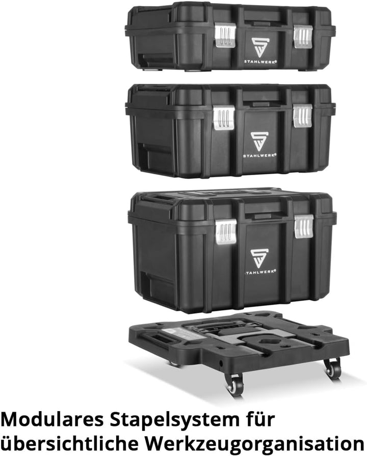 STAHLWERK Werkzeugtrolley mit drei Boxen – mobiler Werkzeugkoffer-Trolley mit Teleskopgriff, Metallv
