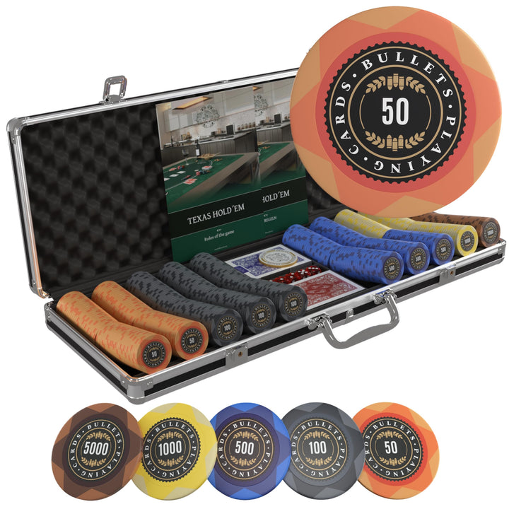 Bullets Playing Cards | Pokerkoffer „Adriana“ mit 500 Clay Pokerchips 14g | Pokerset mit Karten, Wür