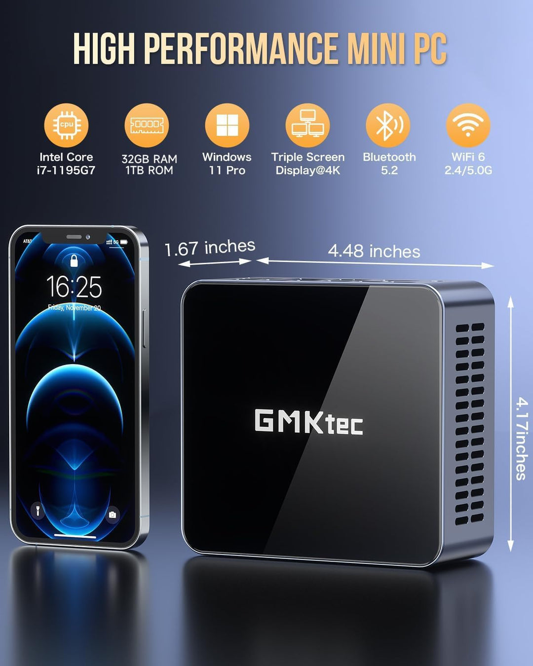 GMKtec Mini-PC, M2 Pro Intel Core i7-1195G7 (Turbo 5,0 GHz) 512 GB PCIe SSD 16 GB DDR4 3200 MHz, Des
