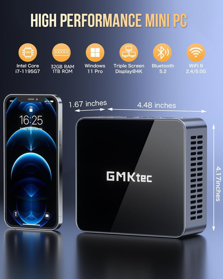 GMKtec Mini-PC, M2 Pro Intel Core i7-1195G7 (Turbo 5,0 GHz) 512 GB PCIe SSD 16 GB DDR4 3200 MHz, Des