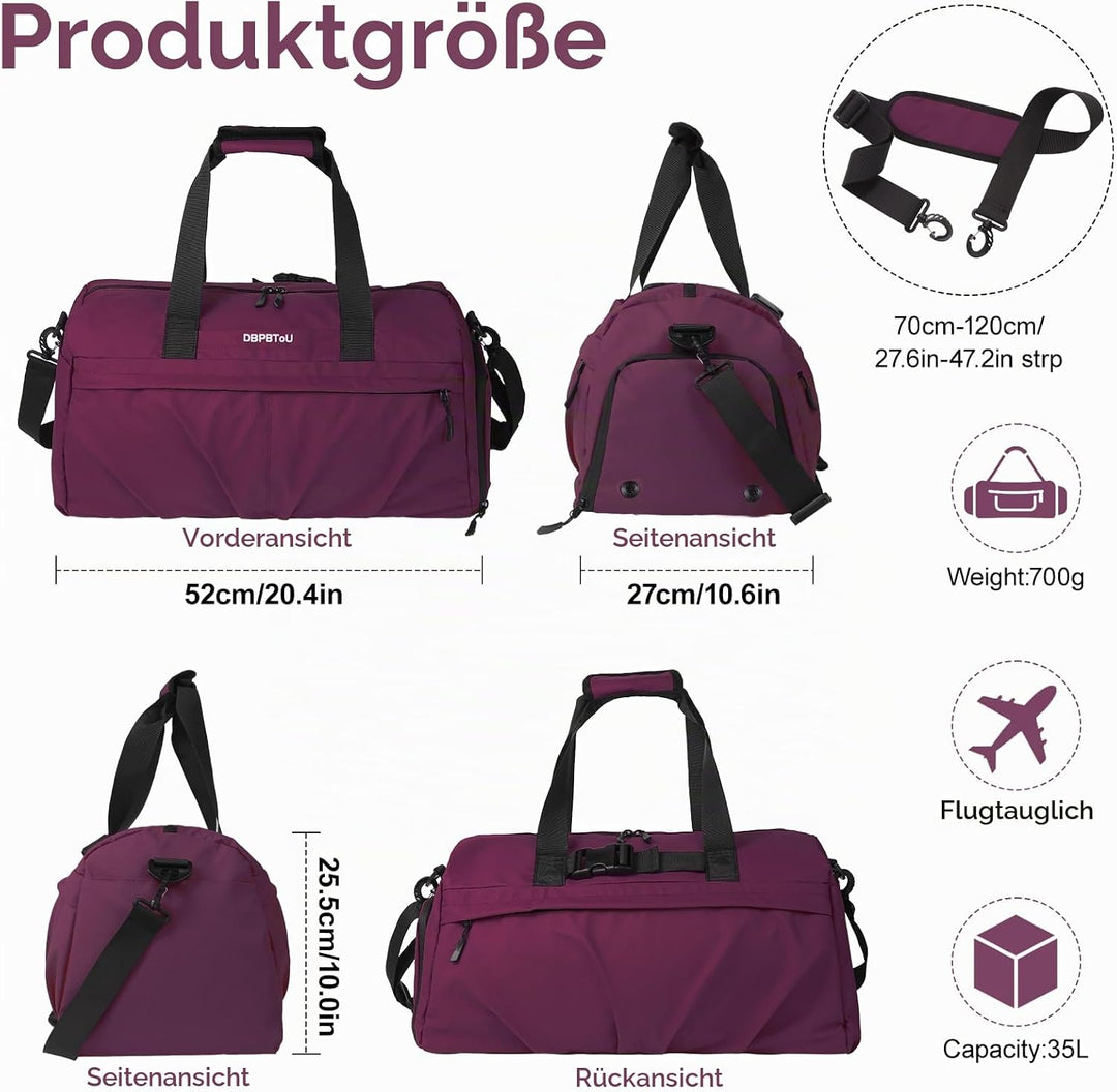 Sporttasche Damen Herren Hartes Material, Reisetasche mit Schuhfach Zwei Belüftungslöchern und Nassf
