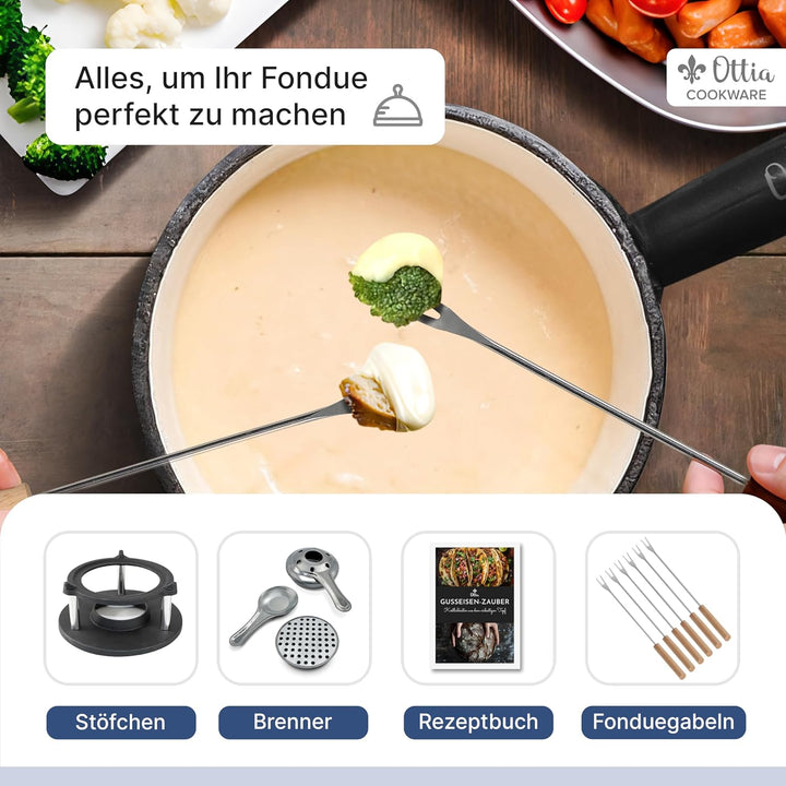 Ottia Gusseisen Fondue Set für 2, 3, 4, 5, 6 Personen, 3-lagige Emaille, Schadstofffrei, 10-teilig m