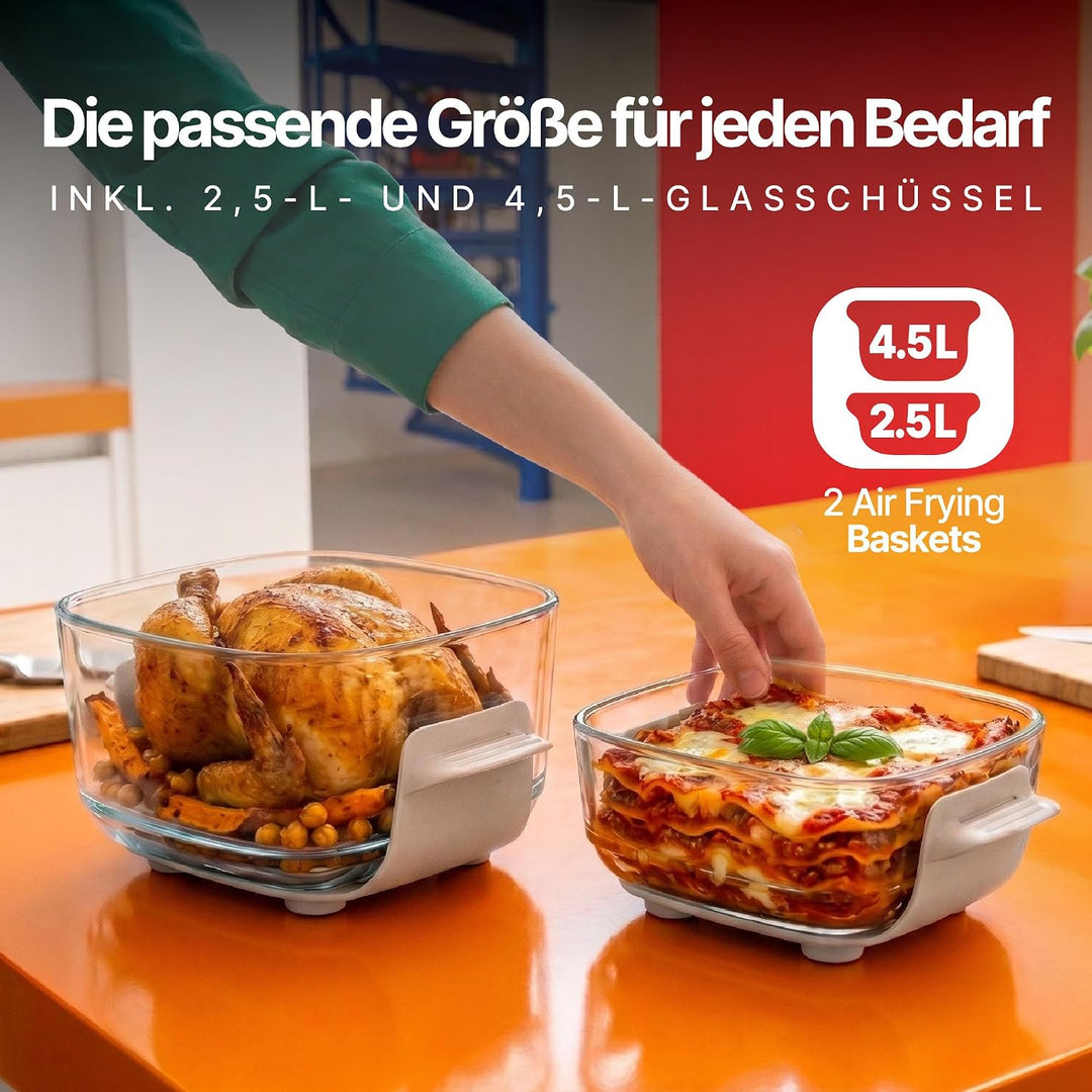 Seeger ClearFry Glas Heissluftfritteuse mit 6 Zubereitungsfunktionen | PFAS-Frei, 2 Glasbehälter (4.