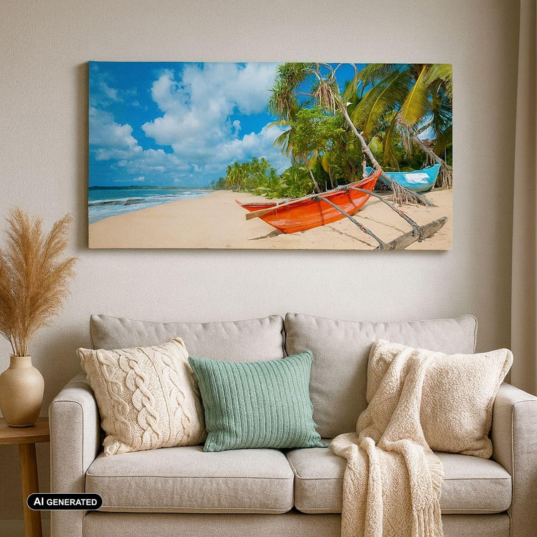 Wandbilder Dekoration Wohnzimmer Golf Ozean Palme Boot Panorama Bilder auf Leinwand 120x50cm Leinwan