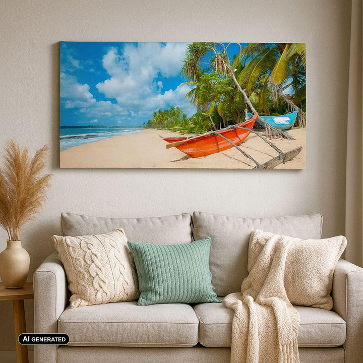Wandbilder Dekoration Wohnzimmer Golf Ozean Palme Boot Panorama Bilder auf Leinwand 120x50cm Leinwan