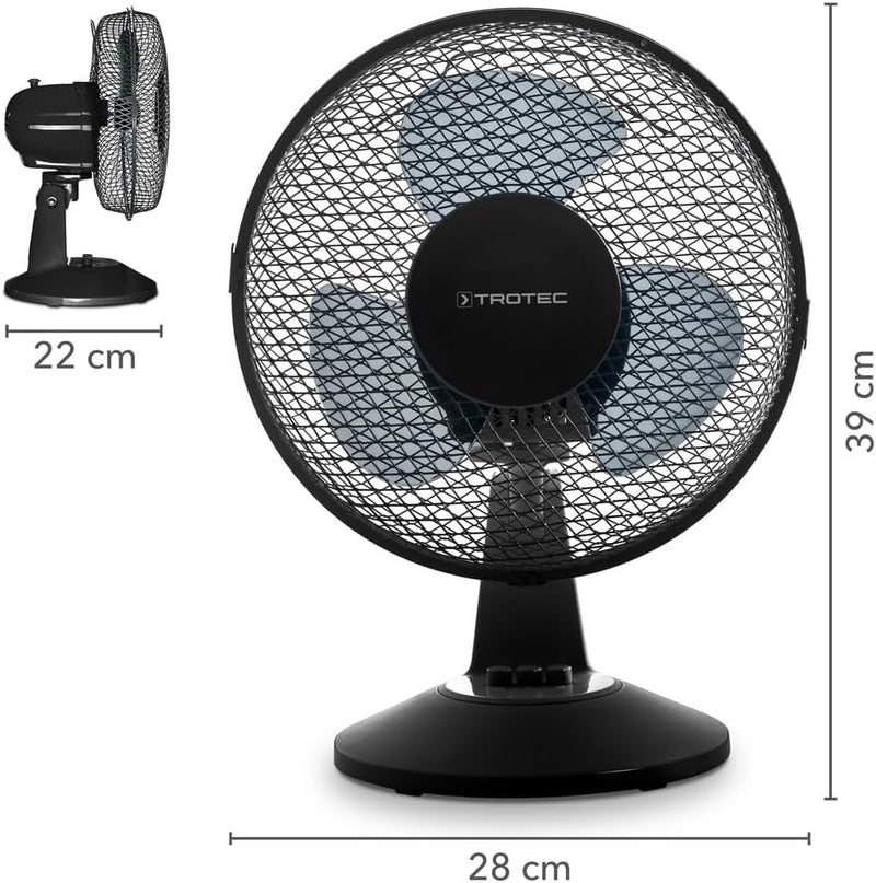 TROTEC Tischventilator TVE 11, geräuscharmer Ventilator, 25 Watt, 2 Gebläsestufen, 80°-Oszillation,