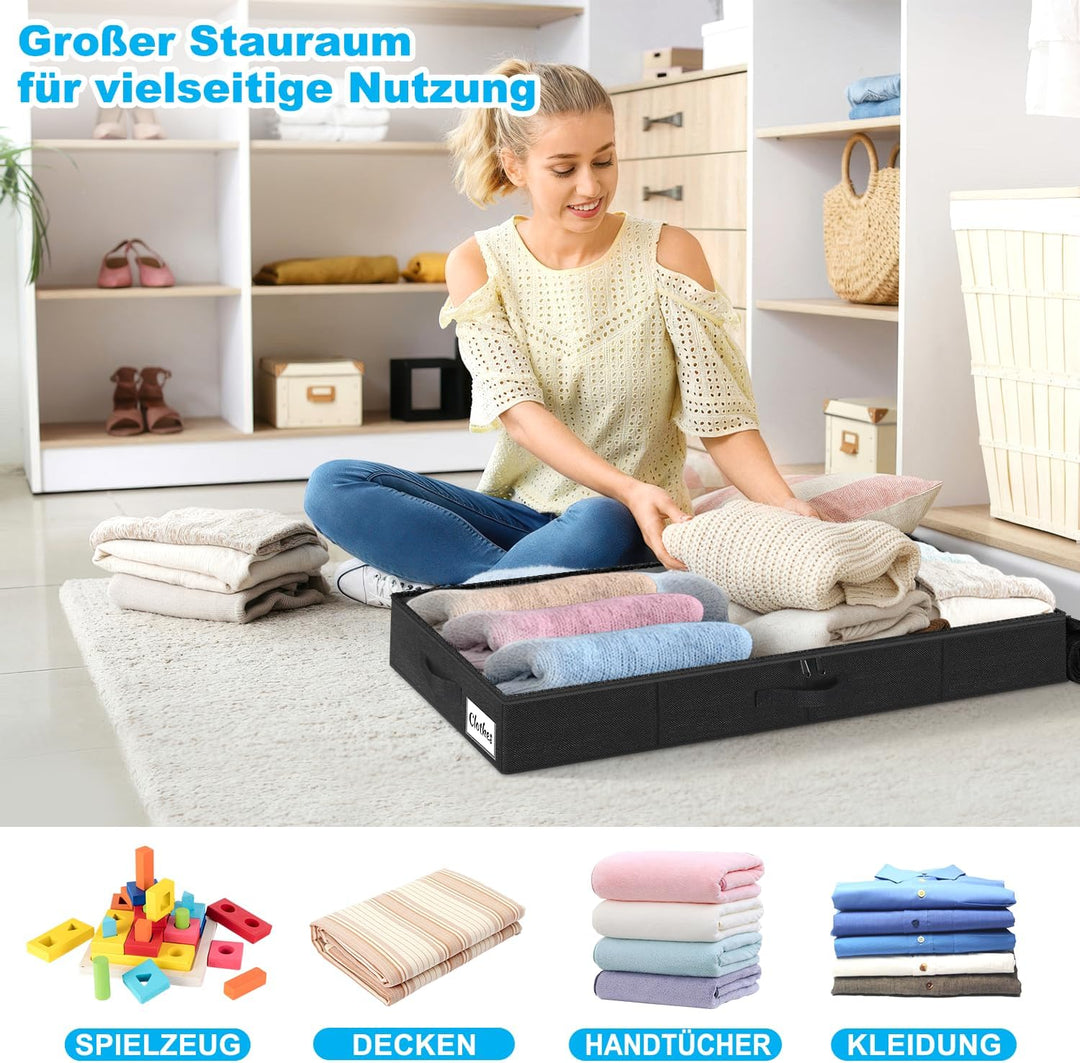 Unterbett Aufbewahrungsbox mit Deckel 12cm hoch, 2 Stück Faltbar Unterbettkommode, Waschbar Kleidera