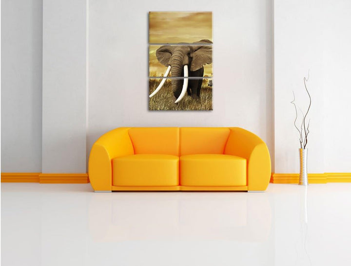 Pixxprint Stolzer Elefant in Savanne als Leinwandbild/Grösse: 3 Teilig (120x80) cm/Wandbild/Kunstdru