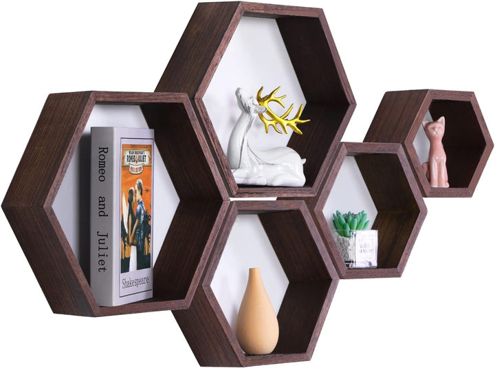 PHOENANCEE Hexagon Wandregal, Wohnzimmer Deko Wand, Holz Hängeregal für Schlafzimmer, 5er-Set(Dunkle