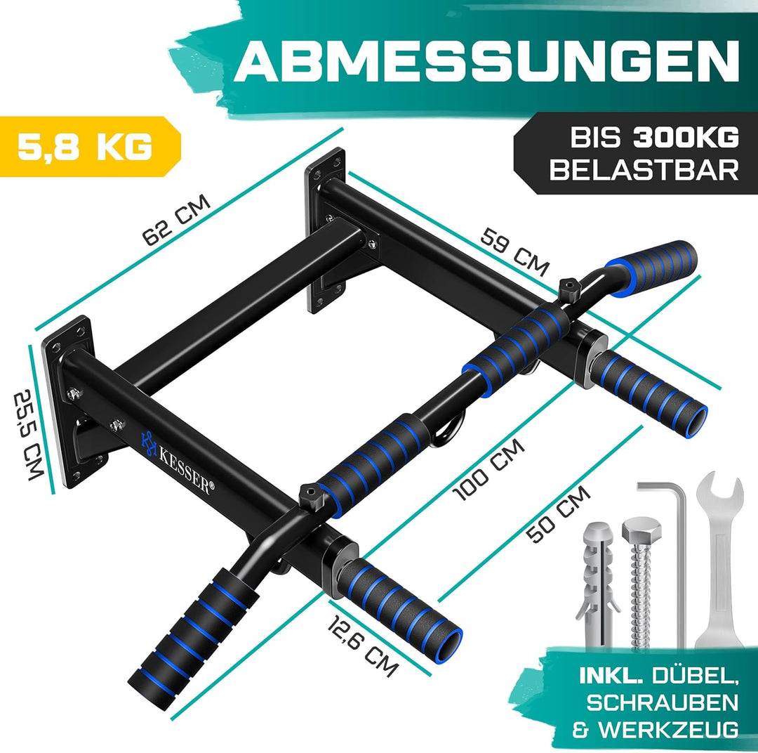KESSER® 4in1 Klimmzugstange zur Wandmontage rutschfesten Griffen zusätzliche Funktion für Seile Ring